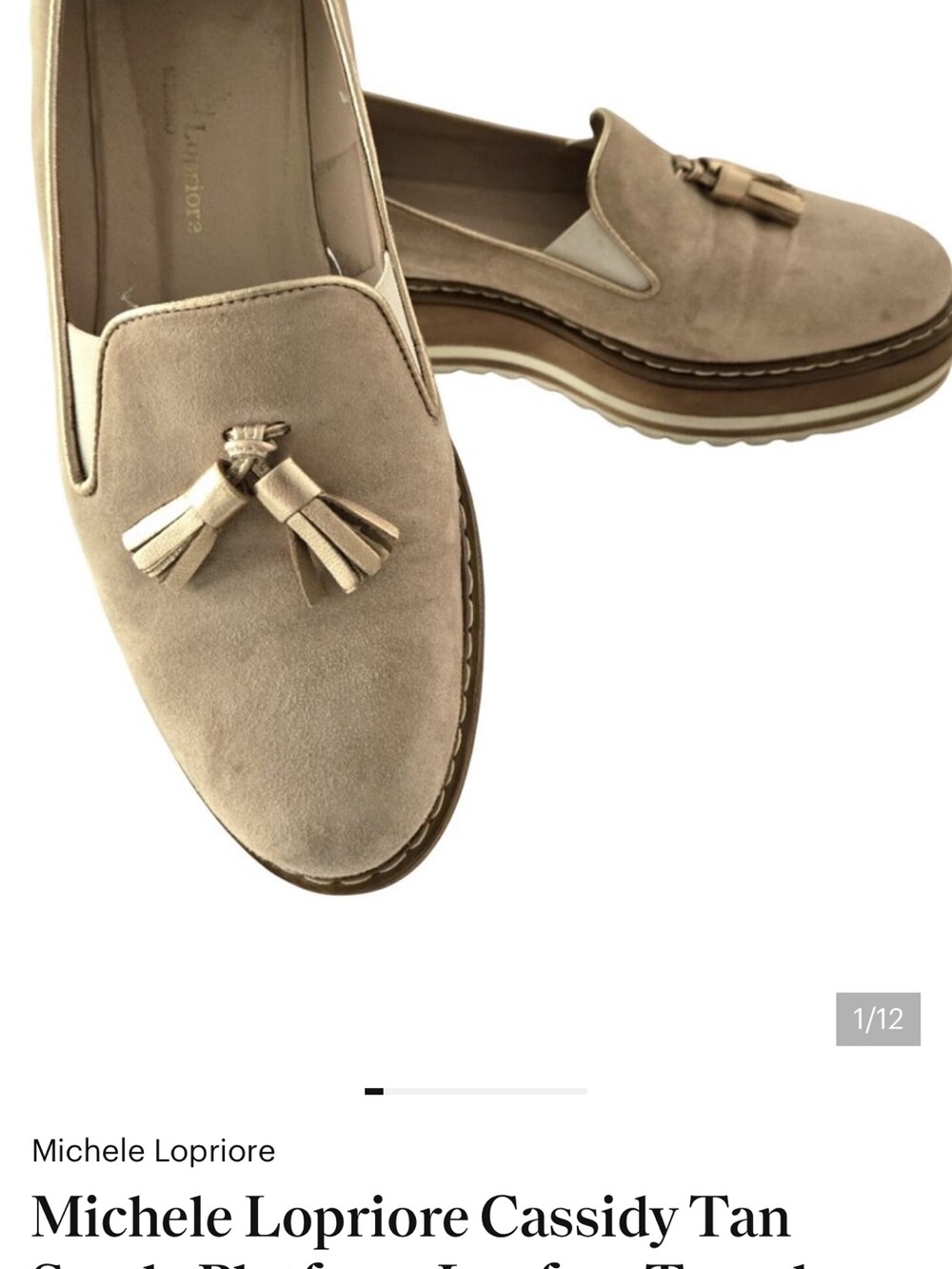 Michele Lopriore Cassidy Tan Suede Platform Loafers Tassel Euro Chic Size 37 7
